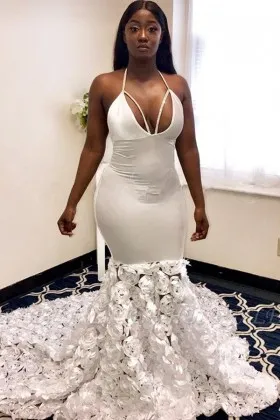 white spandex 3D rose african american prom dress