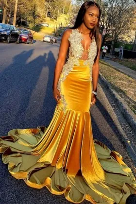 plunging neck lace gold velvet prom dress