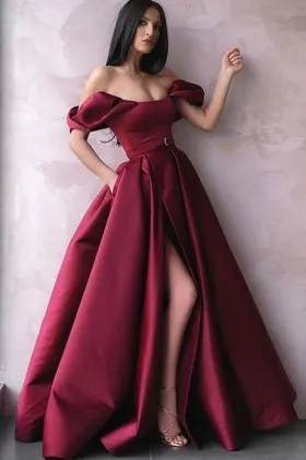 off the shoulder plum satin designer slit prom gown