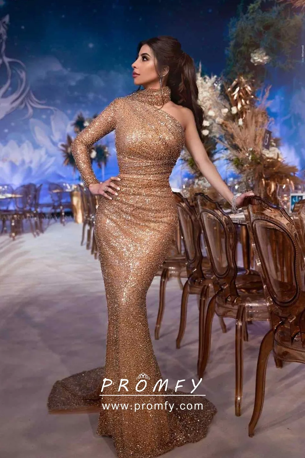 High Neck Single Long Sleeve Prom Dress 