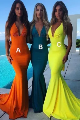 sexy halter plunging V neck jersey mermaid prom dress