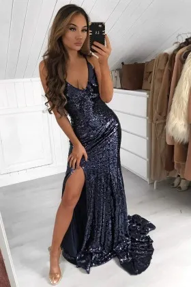 Navy Sequin V Neck Spaghetti Straps Slit Prom Dress