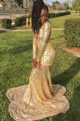 sparkly gold sequin long sleeve mermaid prom dress
