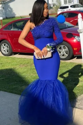 one long sleeve blue lace spandex tulle prom dress