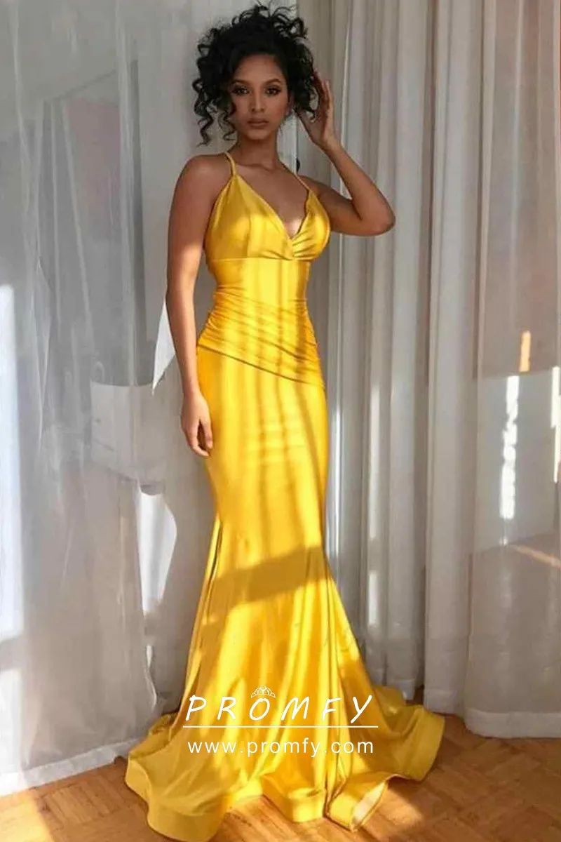 V Neck Draped Mango Spandex Mermaid Prom Dress - Promfy