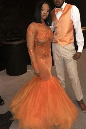 Tangerine Lace Tulle Sheer Sleeve Trumpet Prom Gown