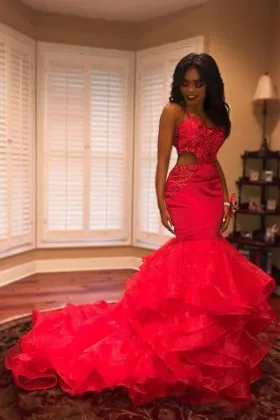 Unique Red Ruffled Organza Cut out Long Prom Gown