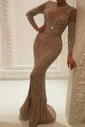 Striped Beading Sheer Sleeve Feminine Prom Formal Dress