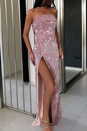 sparkly pink sequin strapless high slit prom dress