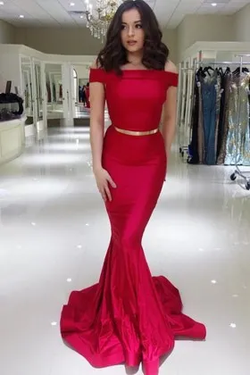 red satin off the shoulder mermaid long evening dress