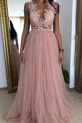 illusion lace dusty pink tulle long prom party dress