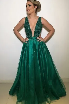 beaded emerald satin plunging V neck long prom gown