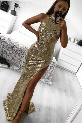 gold sequin halter choker neck high slit prom dress