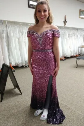 Beaded Magenta to Eggplant Ombre Sequin Off the shoulder Prom Dress