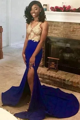 sheer gold lace cobalt blue spandex slit long train prom dress