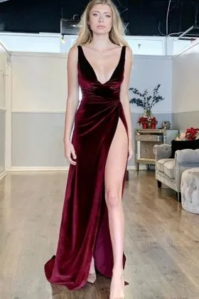burgundy velvet thigh high slit simple sexy prom gown