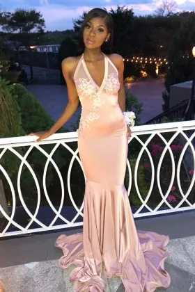 3D flowers appliqued pearl pink satin mermaid prom dress