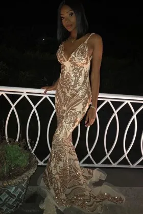 sparkly gold patterned sequin mermaid prom dress