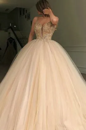 Beaded Champagne Tulle Ball Gown Formal Dress