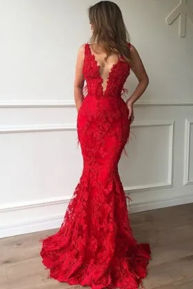 feminine red lace plunging V neck mermaid prom gown