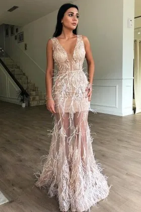 beige sheer tulle with ostrich feather long prom dress