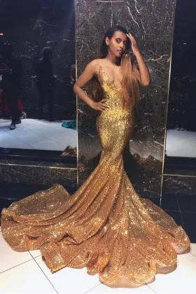 gold sequin plunging V neck long train prom dress