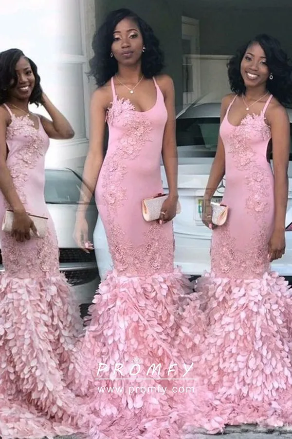 Pink Lace Appliqued Petals Skirt Mermaid Prom Dress Promfy