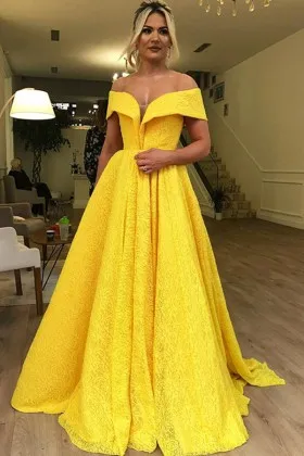 bright yellow folded off shoulder A line prom dress