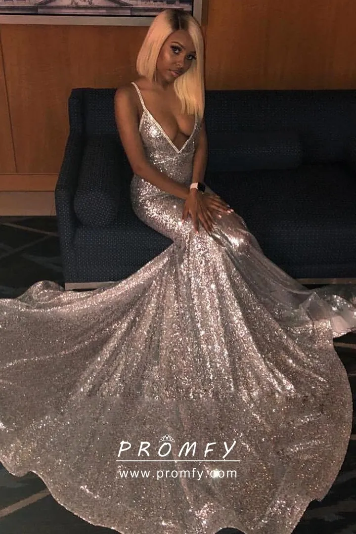 Silver Sequin Off-the-shoulder Long Train Prom Gown - Promfy