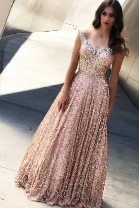A Line Sequin Pink Sequin V Neck Prom Dress