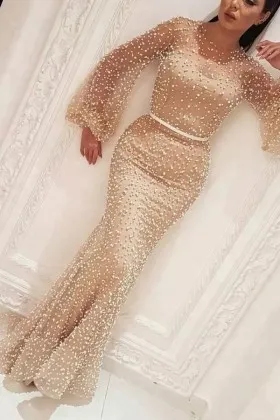 Pearls Nude Tulle Long Sleeve Evening Prom Dress