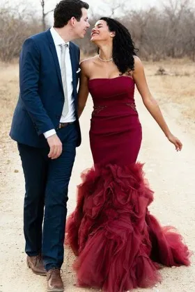 maroon satin ruffled organza long engagement gown