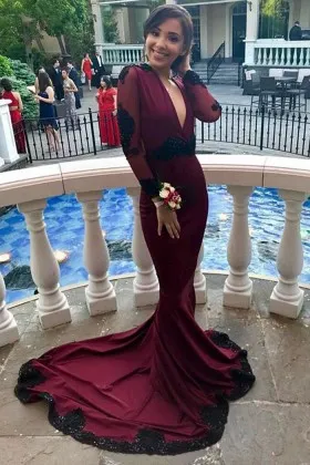 black lace appliqued plum satin mermaid prom dress