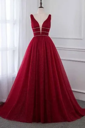 scarlet red tulle beads plunging neck prom dress