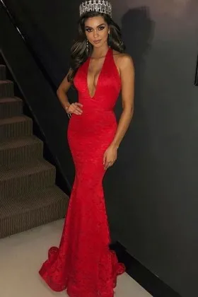 red lace plunging V neck fit and flare pageant dress
