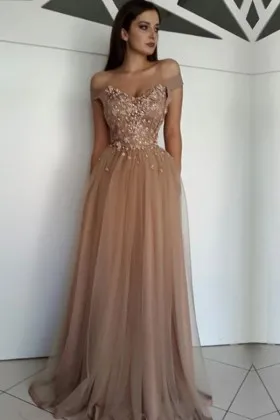 Princess Nude Glitter Ruffed Off-shoulder Prom Gown - Promfy