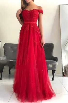 red lace and tulle off the shoulder A line prom dress