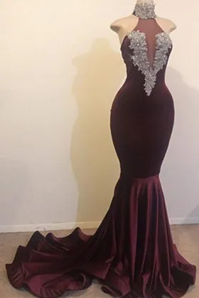 lace appliqued high neck plum velvet prom dress