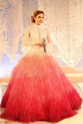 White to Red Ombre Ostrich Feather Beaded Ball Gown