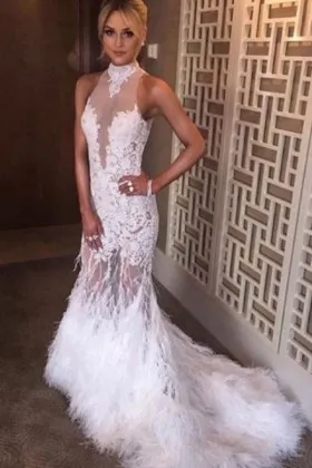 sexy white lace feather high neck sheer prom gown