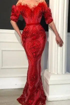 ostrich feather red sequin half sleeve prom dress