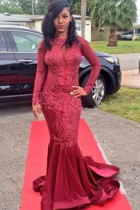 illusion garnet red lace satin mermaid prom dress