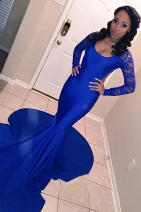 scoop neck sleeved royal blue long train prom dress