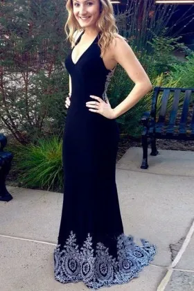 dark navy spandex sliver lace sheath prom gown