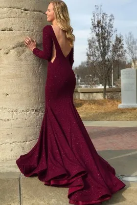 low back long sleeve burgundy mermaid prom dress