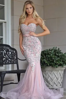 sliver lace embroidered avender tulle long prom dress