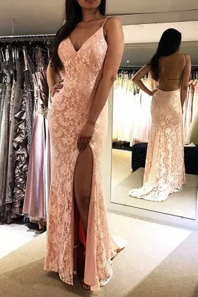 backless V neck high slit peach pink lace prom gown
