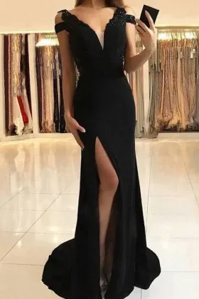 Cold Shoulder Split Black Floor Length Formal Dress