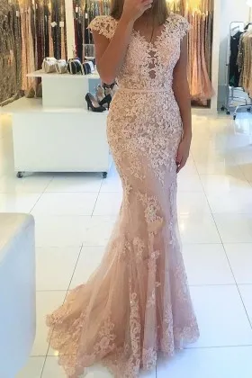 pale pink lace tulle cap sleeve mermaid prom gown