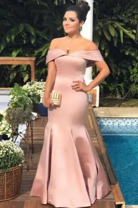 off the shoulder pearl pink satin trumpet prom dress